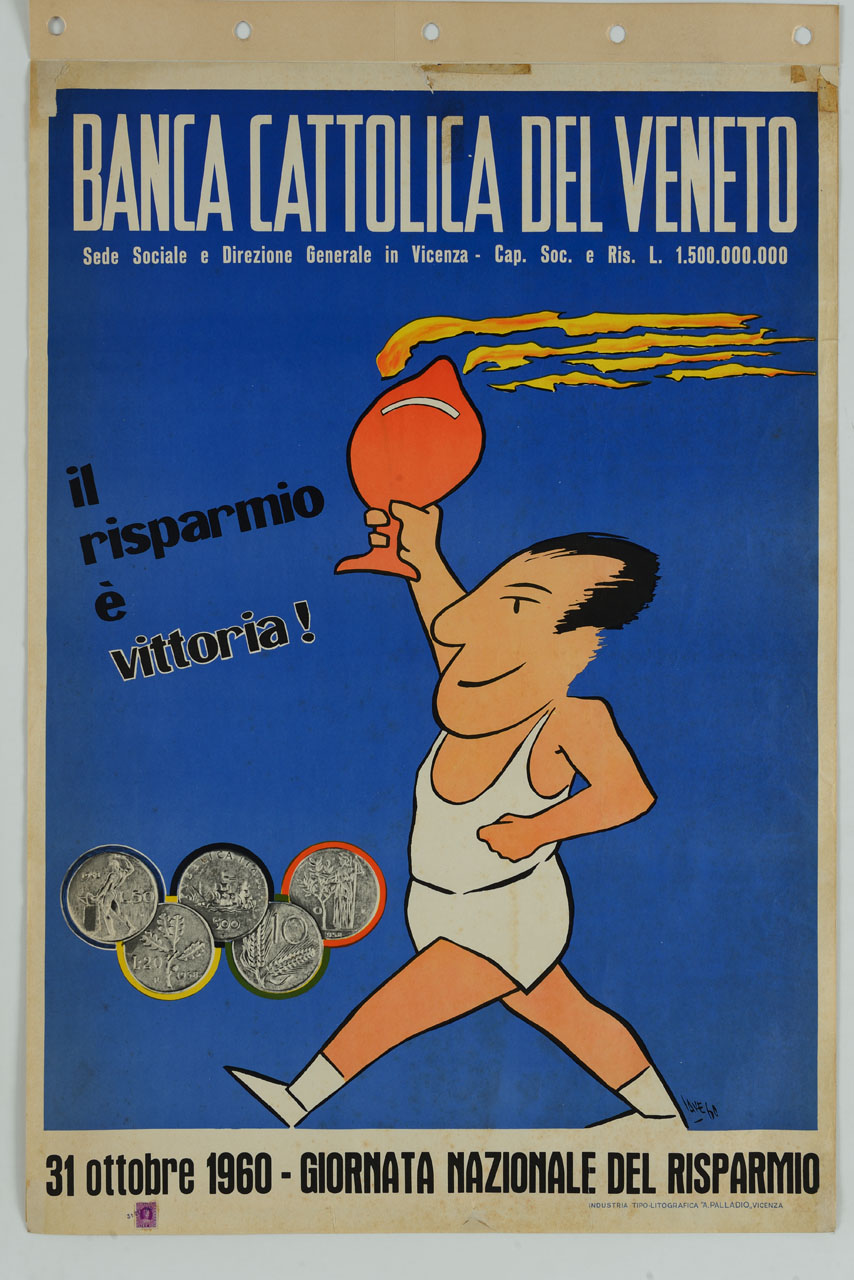 atleta che porta un salvadanaio a uso fiaccola (manifesto) di Cave - ambito italiano (sec. XX)