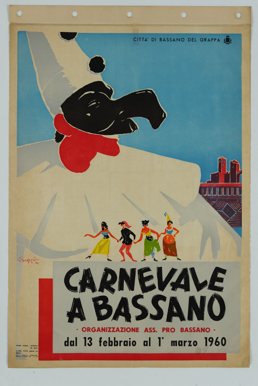 Pulcinella davanti al Ponte Vecchio di Bassano mentre piccole figure vestite da carnevale ballano (manifesto) di Baggion - ambito italiano (sec. XX)