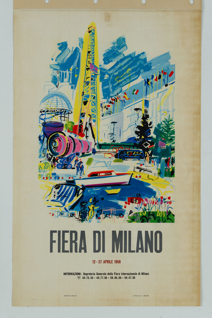 brulicante scena tra padiglioni espositivi (manifesto) di Bianconi Fulvio (sec. XX)