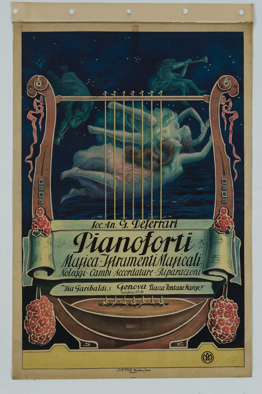 cetra ornata di nastri e fiori; sulla sfondo il cielo stellato, il mare e schiere angeliche che ballano e suonano le trombe (manifesto) - ambito italiano (sec. XX)