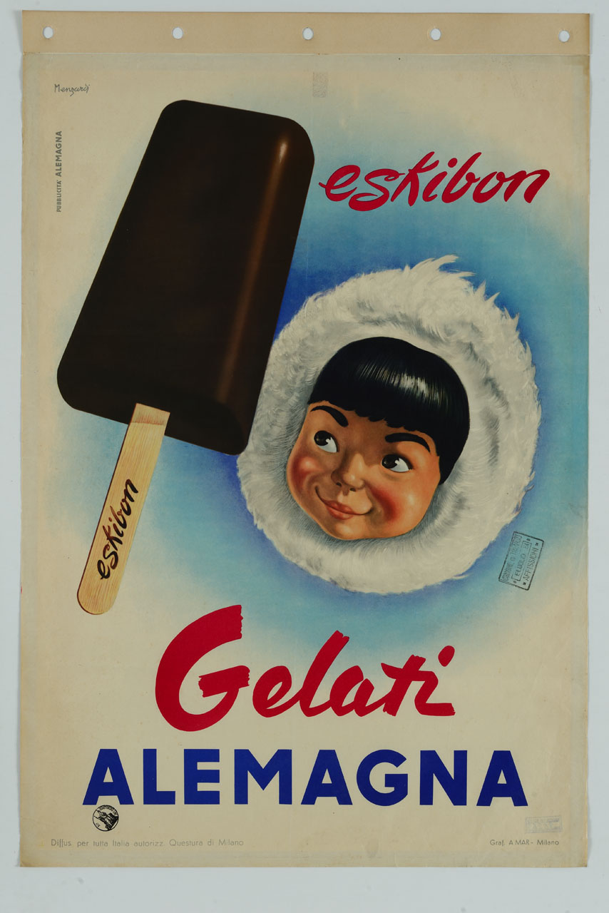 faccia di bimbo eschimese guarda un gelato (manifesto) di Menzardi Mario (sec. XX)