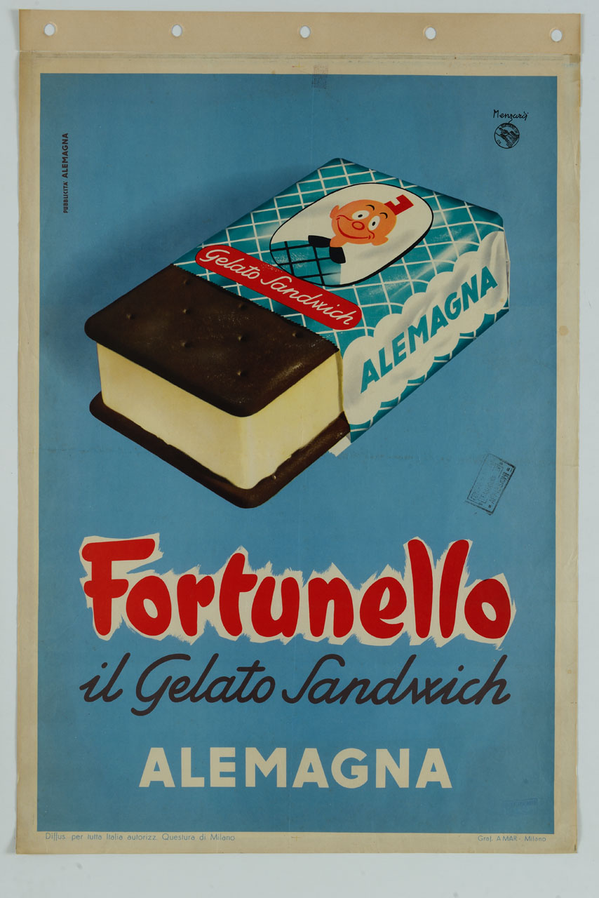 gelato al biscotto con una faccia di bambino stampata sull'incarto (manifesto) di Menzardi Mario (sec. XX)