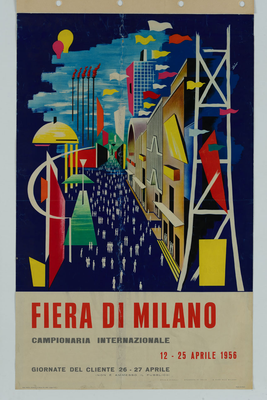 ingresso alla fiera di Milano affollato di persone (manifesto) di Dinelli Carlo (sec. XX)