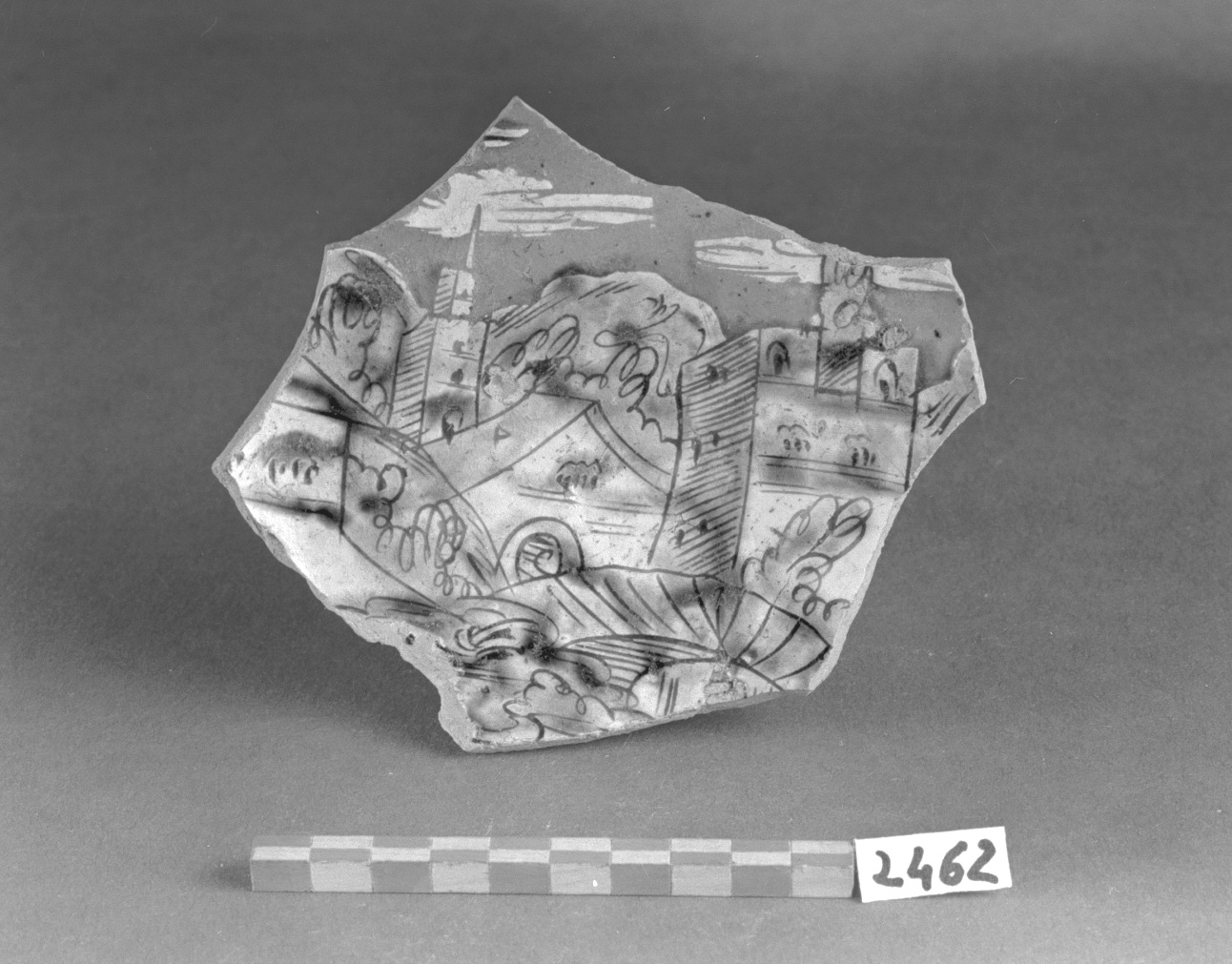 paesaggio con architetture (piatto, frammento) - produzione veneziana (seconda metà sec. XVI)