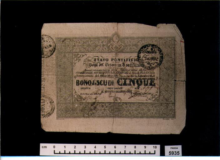 BUONO DEL TESORO DI SCUDI 5 (SEC. XIX D.C)