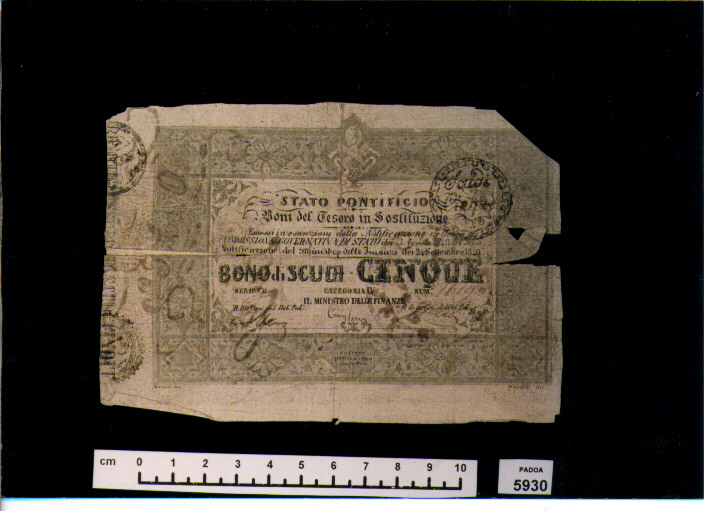 BUONO DEL TESORO DI SCUDI 5 (SEC. XIX D.C)