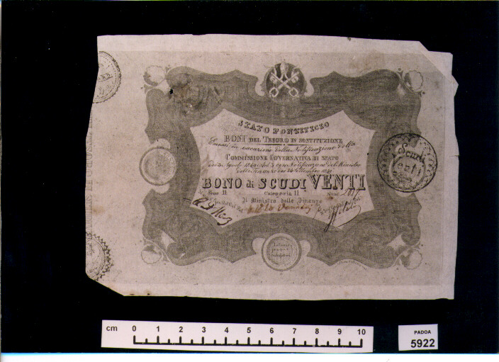 BUONO DEL TESORO DI SCUDI 20 (SEC. XIX D.C)