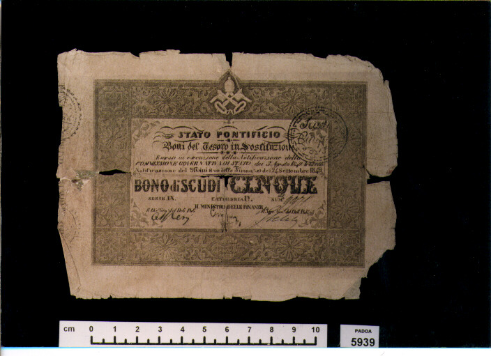 BUONO DEL TESORO DI SCUDI 5 (SEC. XIX D.C)