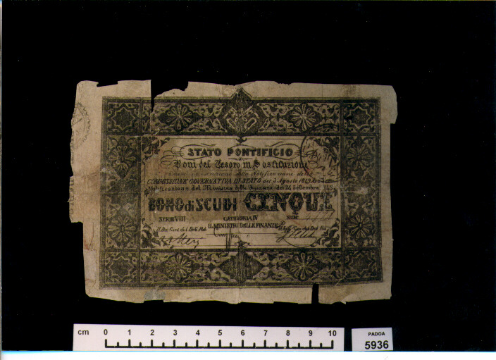 BUONO DEL TESORO DI SCUDI 5 (SEC. XIX D.C)