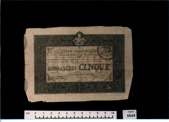 BUONO DEL TESORO DI SCUDI 5 (SEC. XIX D.C)