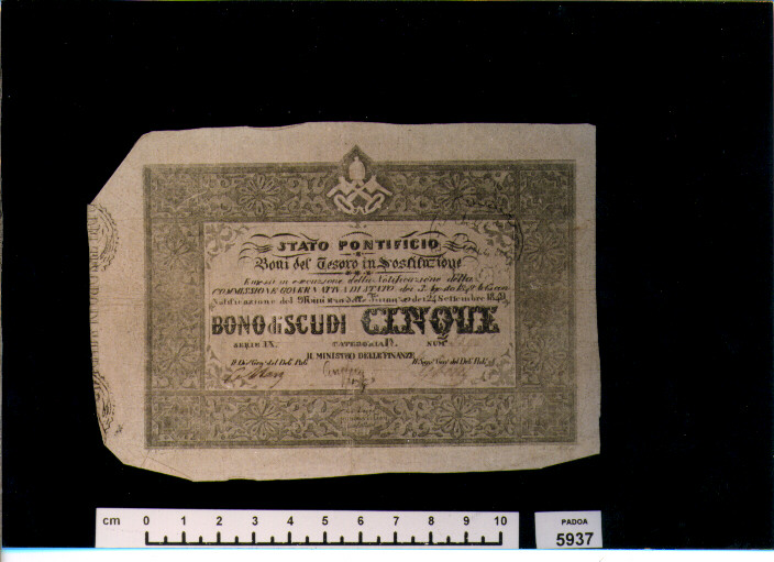 BUONO DEL TESORO DI SCUDI 5 (SEC. XIX D.C)