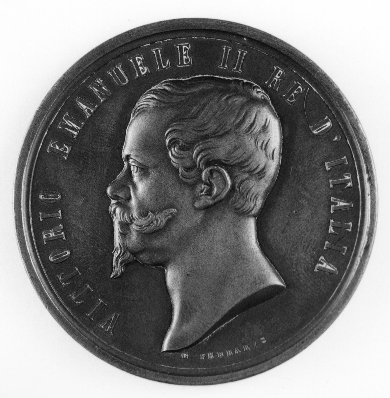 testa di Vittorio Emanuele II re d'Italia (recto)/corona d'alloro (verso) (medaglia) di Ferraris Giuseppe (sec. XIX)