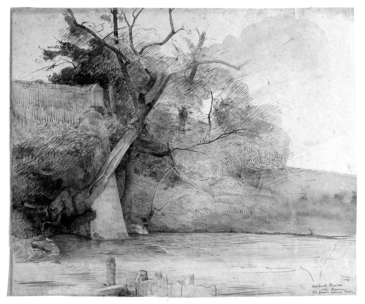 Sul fiume Aniene Tivoli, paesaggio fluviale (disegno) di Pazzini Norberto (sec. XIX)