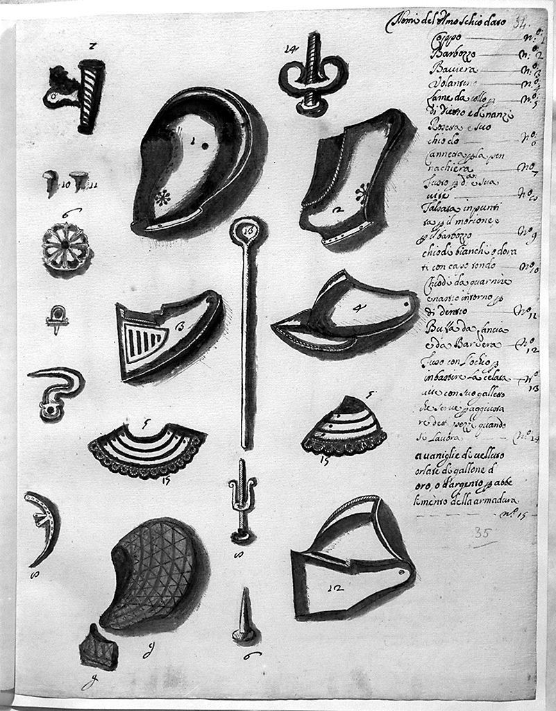 parti di armatura (disegno) - ambito toscano (secc. XVII/ XVIII)
