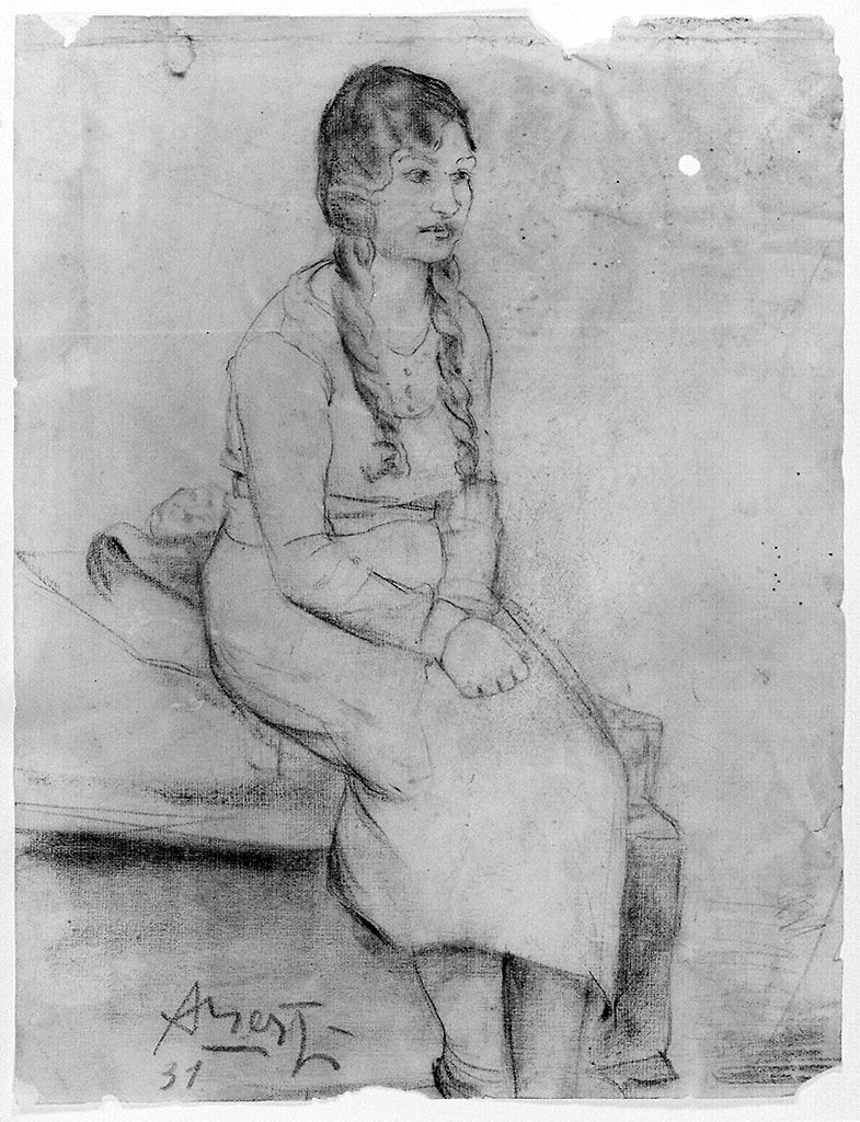 figura femminile seduta (disegno) di Berti Antonio (sec. XX)