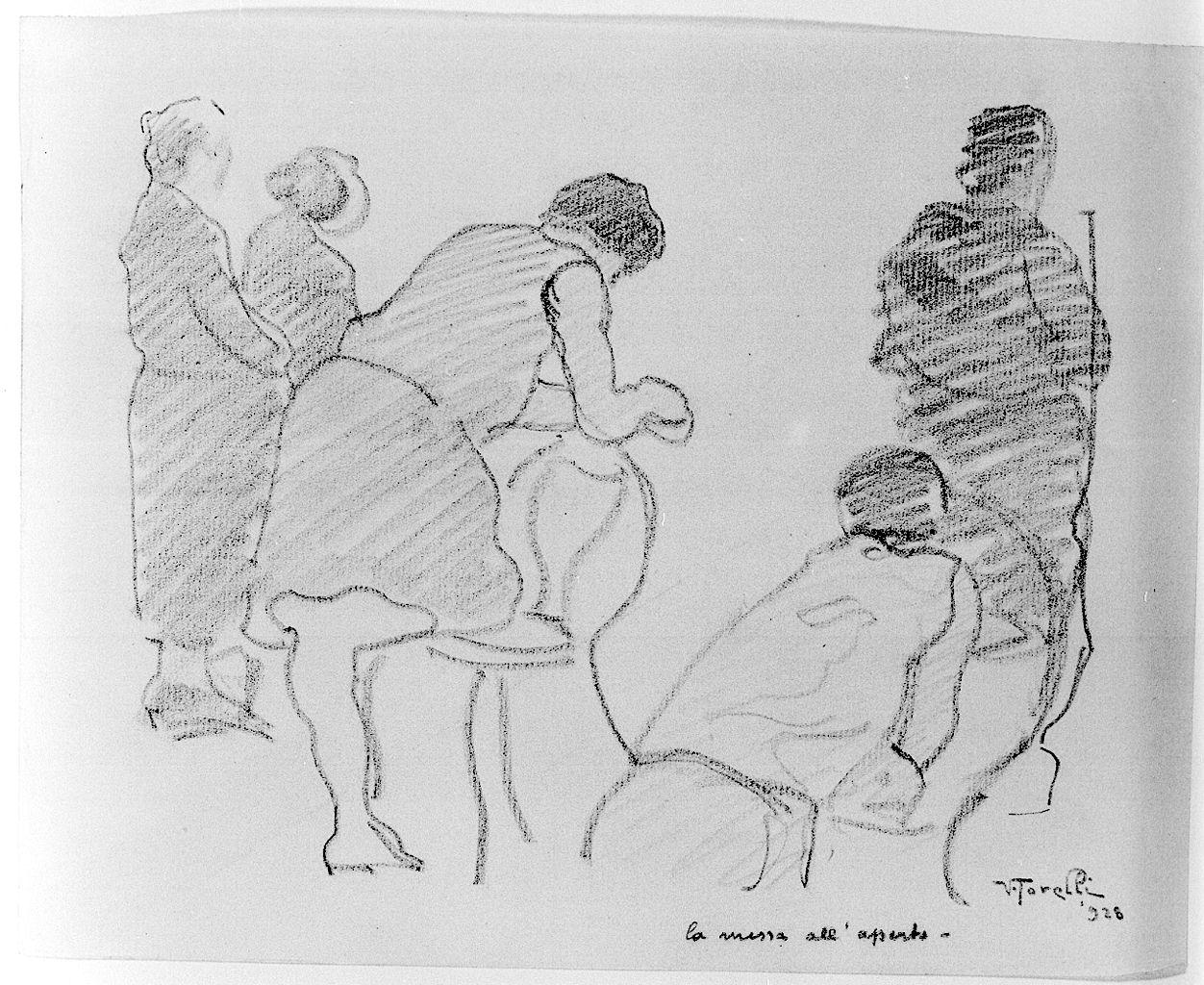 la messa all'aperto, figure femminili (disegno) di Torelli Vieri (sec. XX)