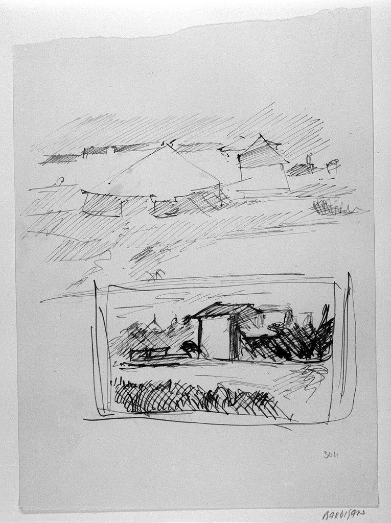 paesaggio con case (disegno) di Barbisan Giovanni (sec. XX)