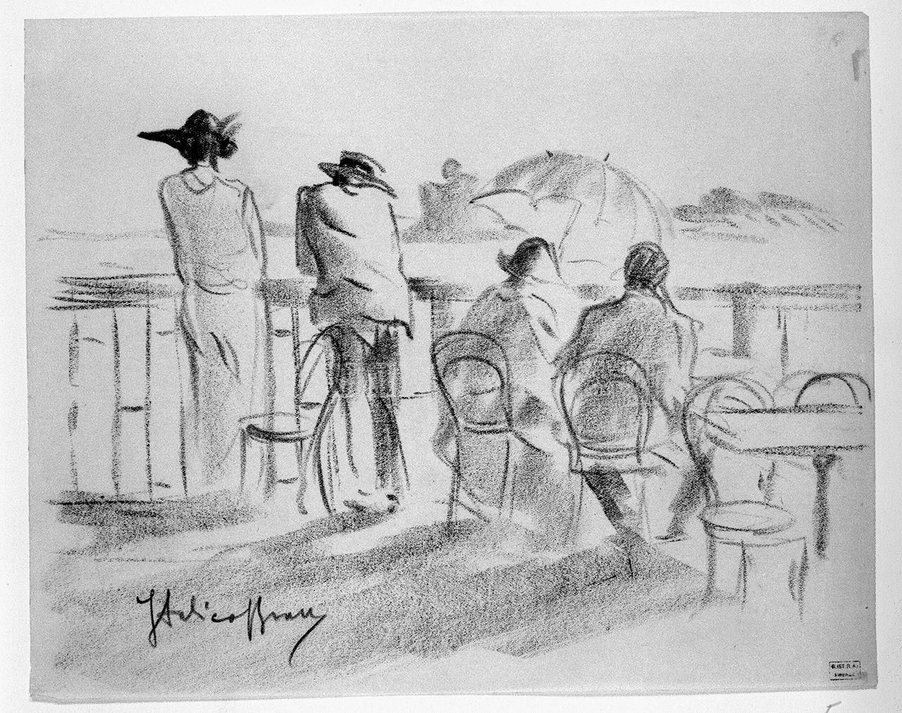 figure sulla terrazza del Lido a Venezia (disegno) di Brass Italico (sec. XX)