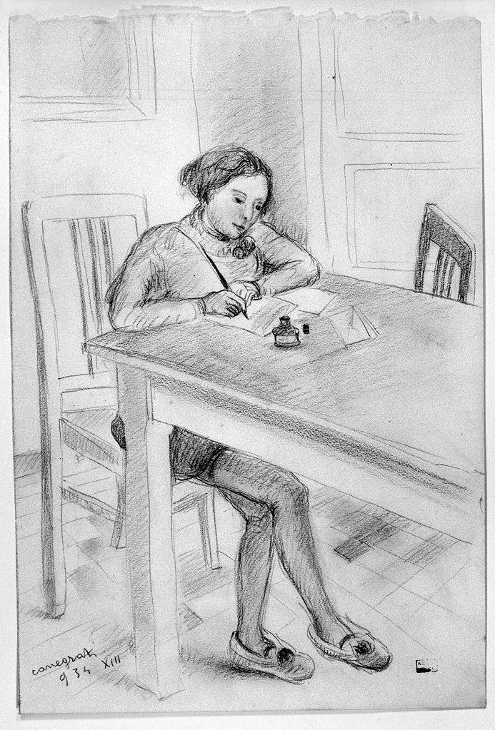 figura di giovane donna che scrive (disegno) di Canegrati Amerigo (sec. XX)