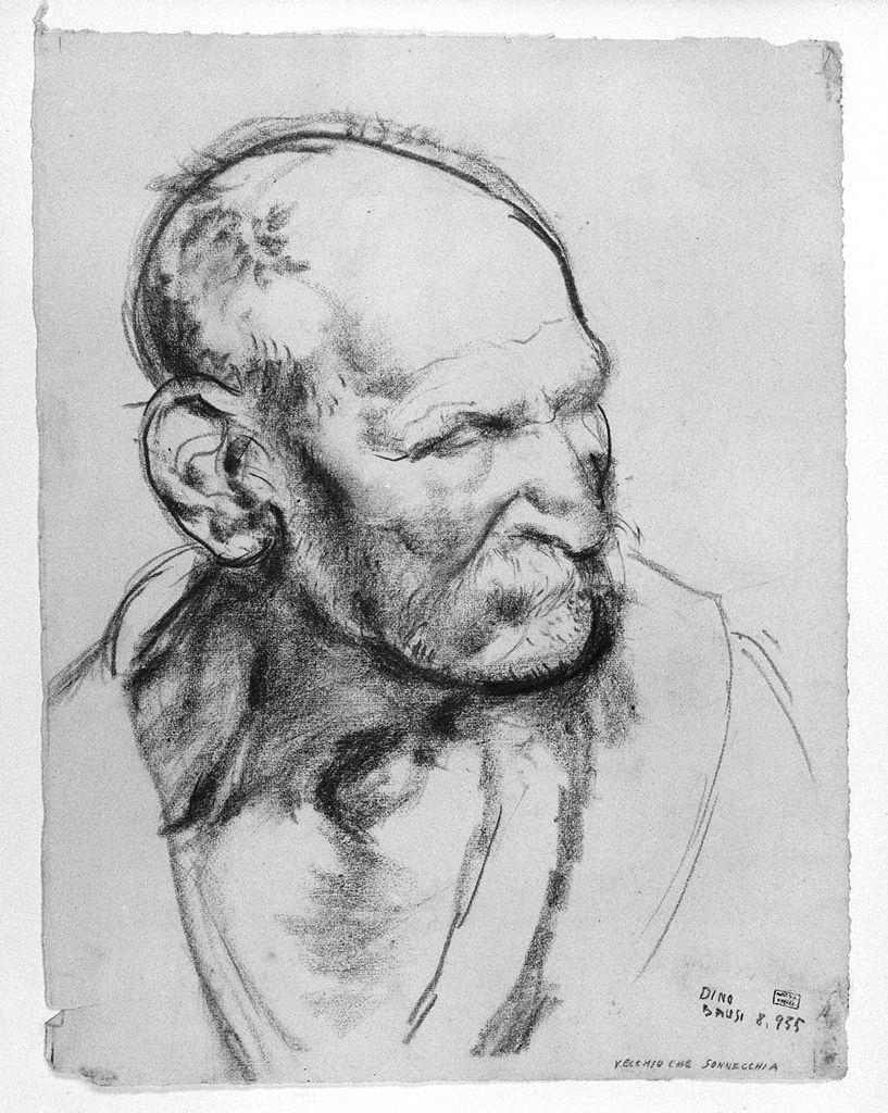 Vecchio che sonnechia, figura maschile di anziano (disegno) di Bausi Dino (sec. XX)