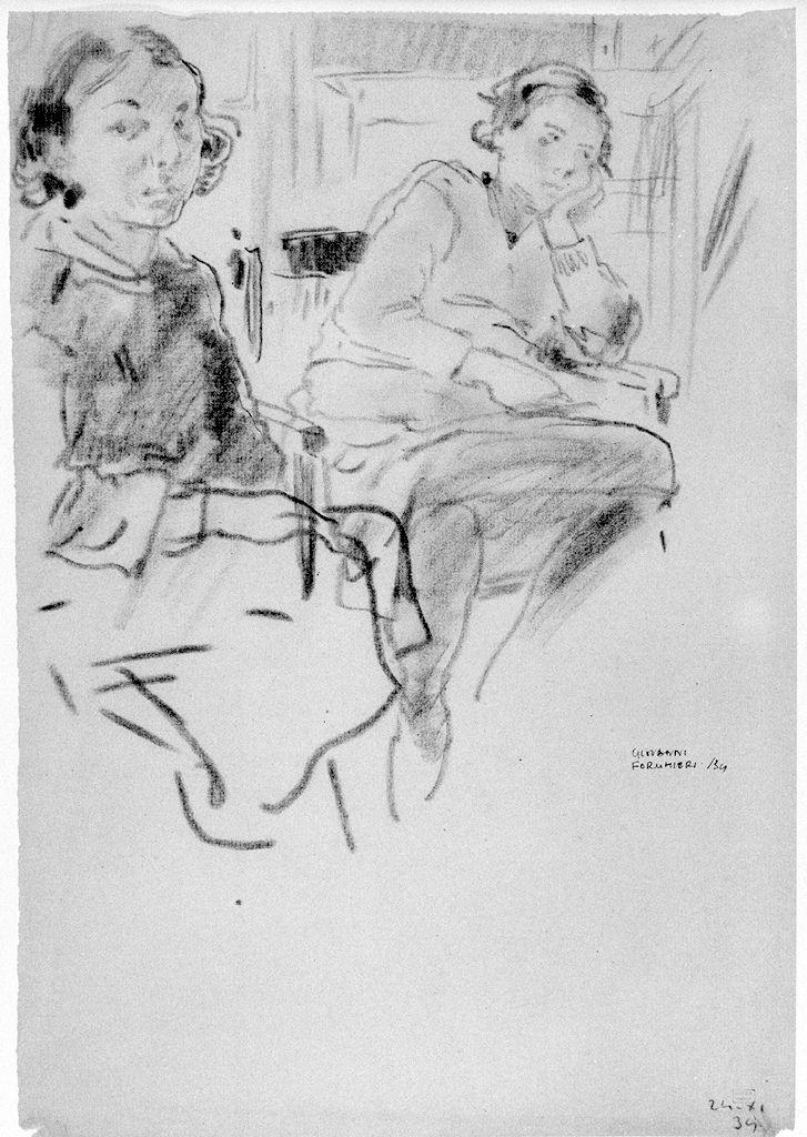 donne in un interno (disegno) di Forghieri Giovanni (sec. XX)