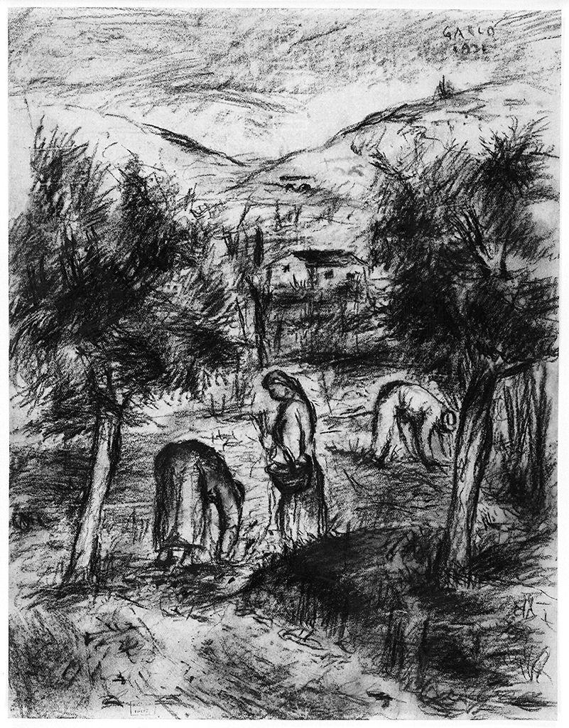 paesaggio con contadine (disegno) di Gallo Oscar (sec. XX)
