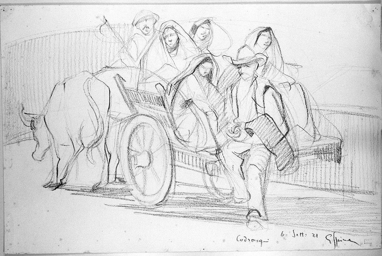 contadini con carro e buoi (disegno) di Spinelli Gaetano (sec. XX)