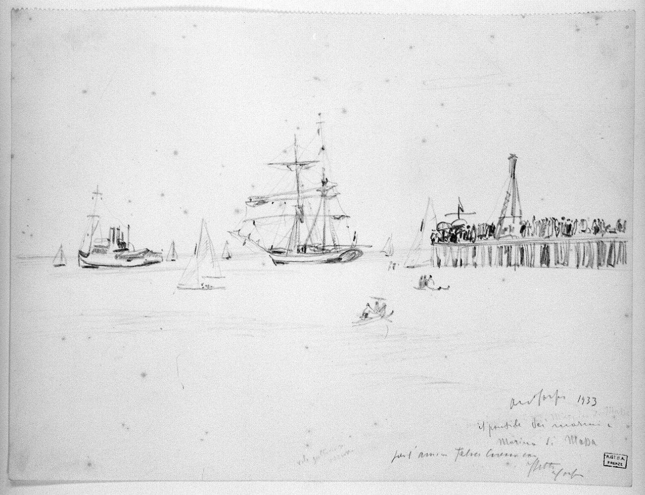 Pontile a Marina di Massa, paesaggio marino con nave allo scalo (disegno) di Carpi Da Resmini Aldo (sec. XX)
