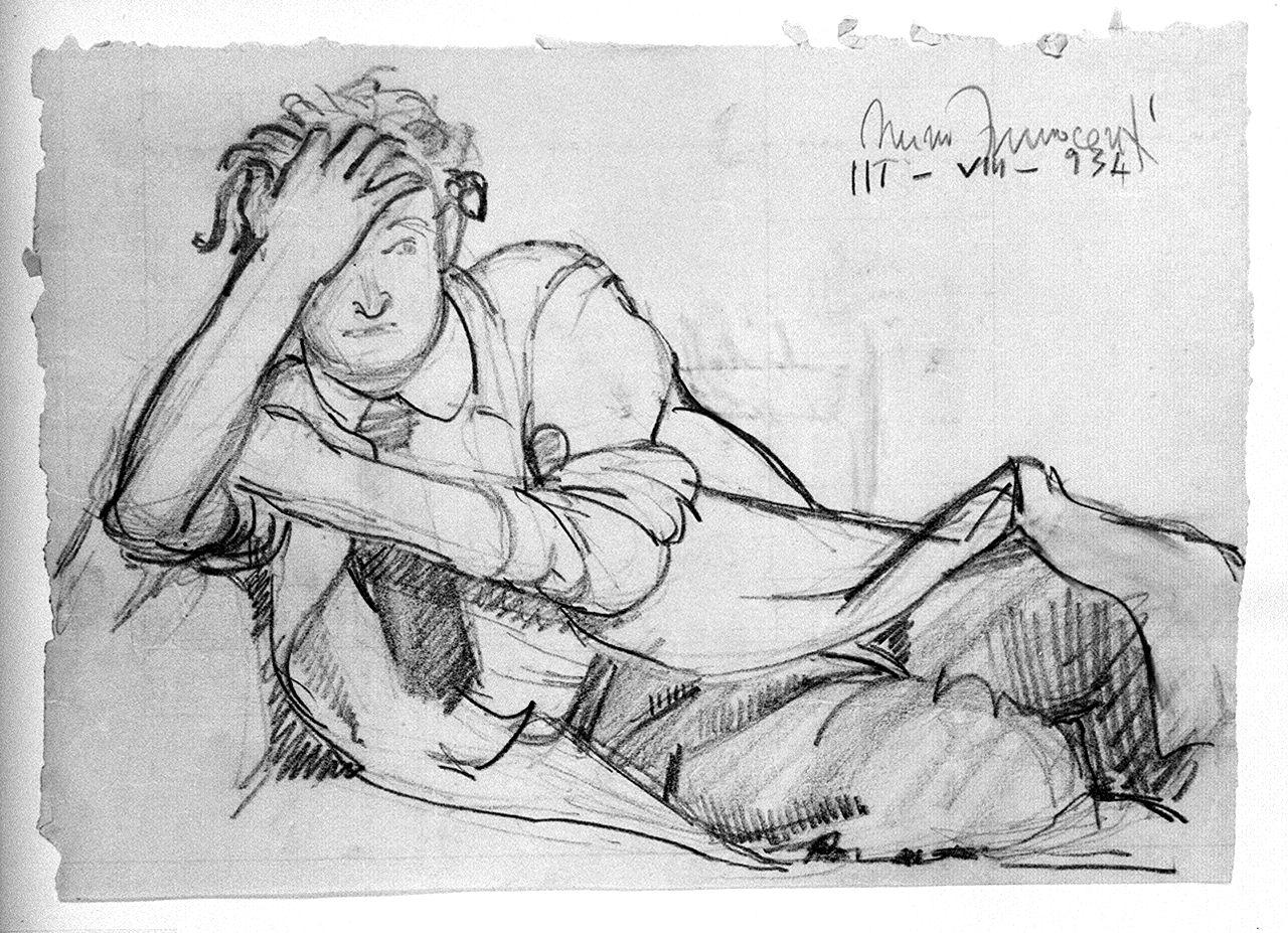 figura maschile distesa (disegno) di Innocenti Bruno (sec. XX)