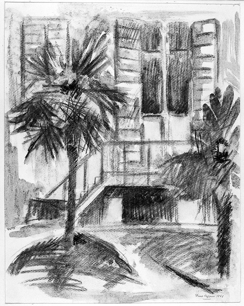 veduta di casa con alberi (disegno) di Caponi Dino (sec. XX)