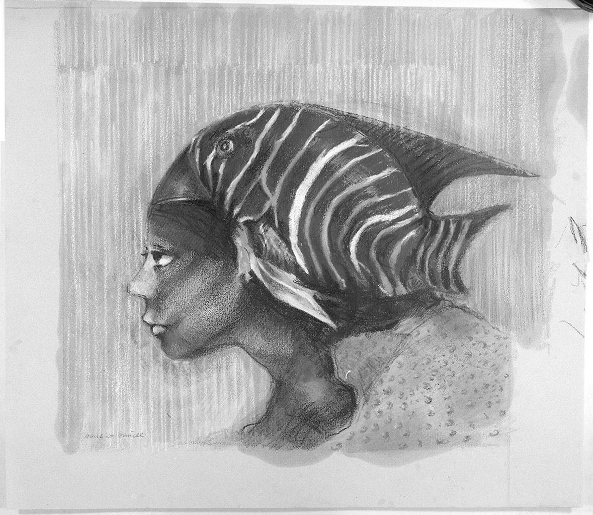 testa di donna con copricapo a pesce (disegno) di Martelli Maurizio (ultimo quarto sec. XX)