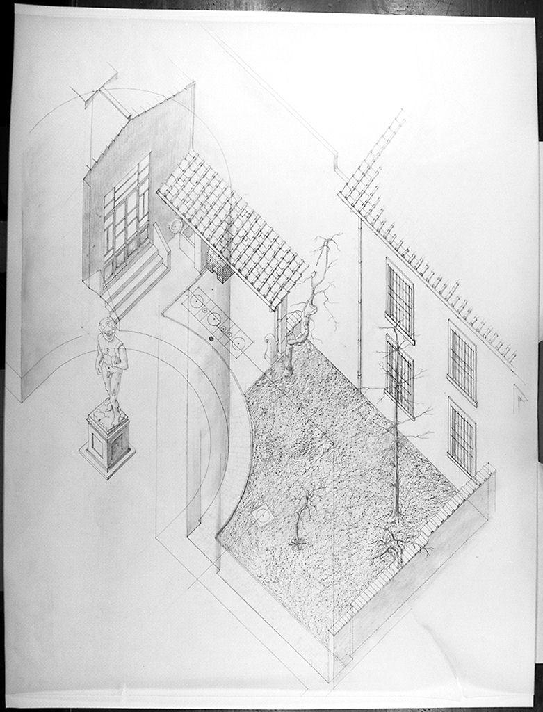 assonometria della tribuna e del cortile retrostante l'Accademia di Belle Arti di Firenze (disegno architettonico) - ambito italiano (sec. XX)