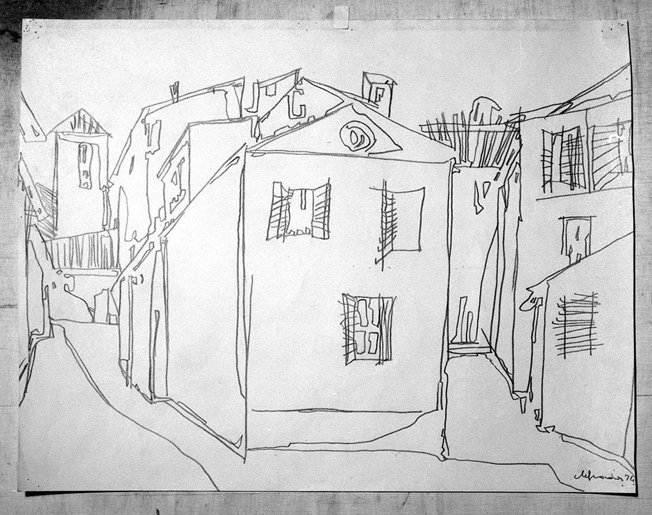veduta di città (disegno) di De Grada Dario (sec. XX)