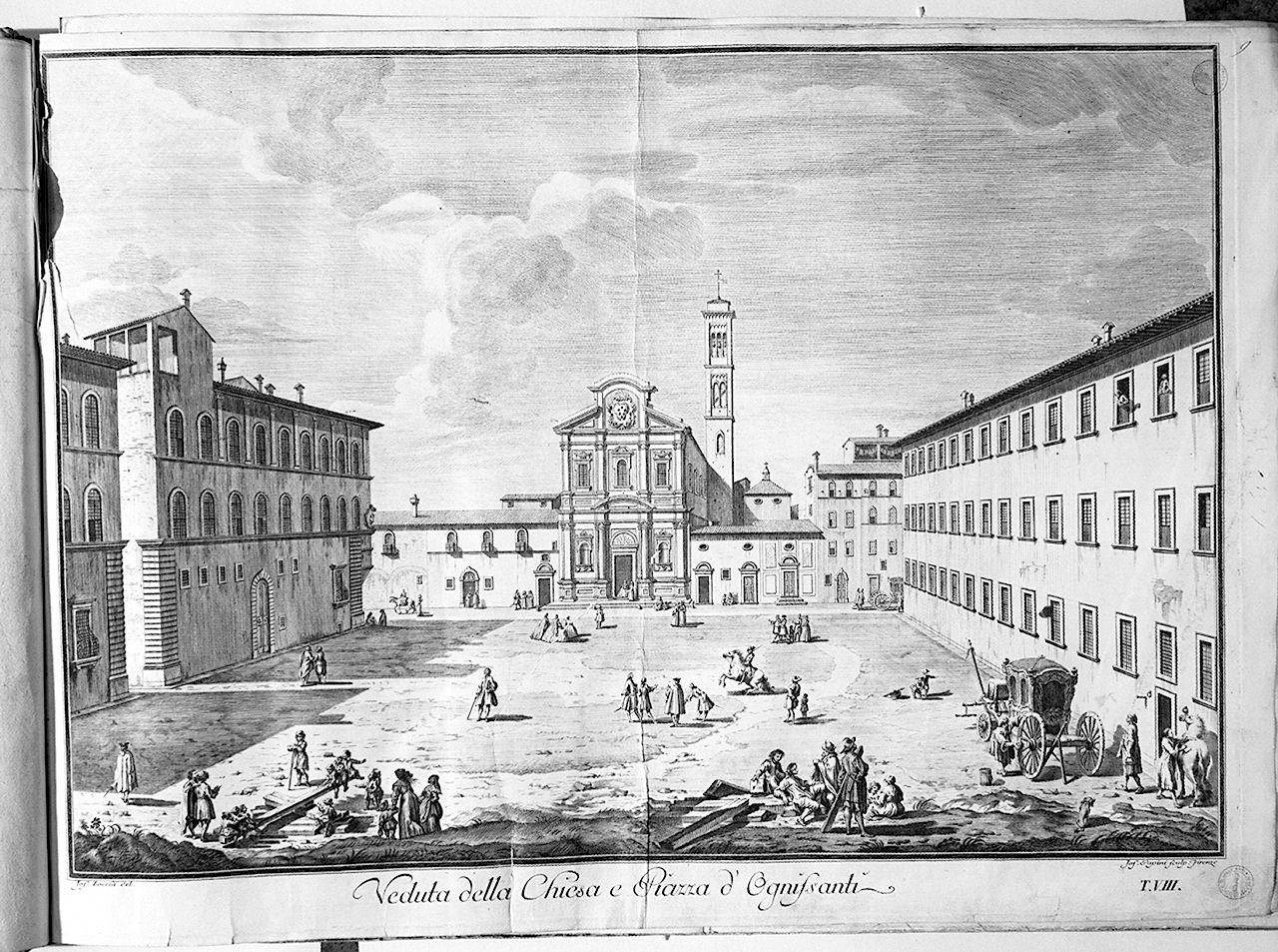 veduta della chiesa e piazza di OgnisSanti a Firenze (stampa smarginata) di Papini Giuseppe, Zocchi Giuseppe (sec. XVIII)