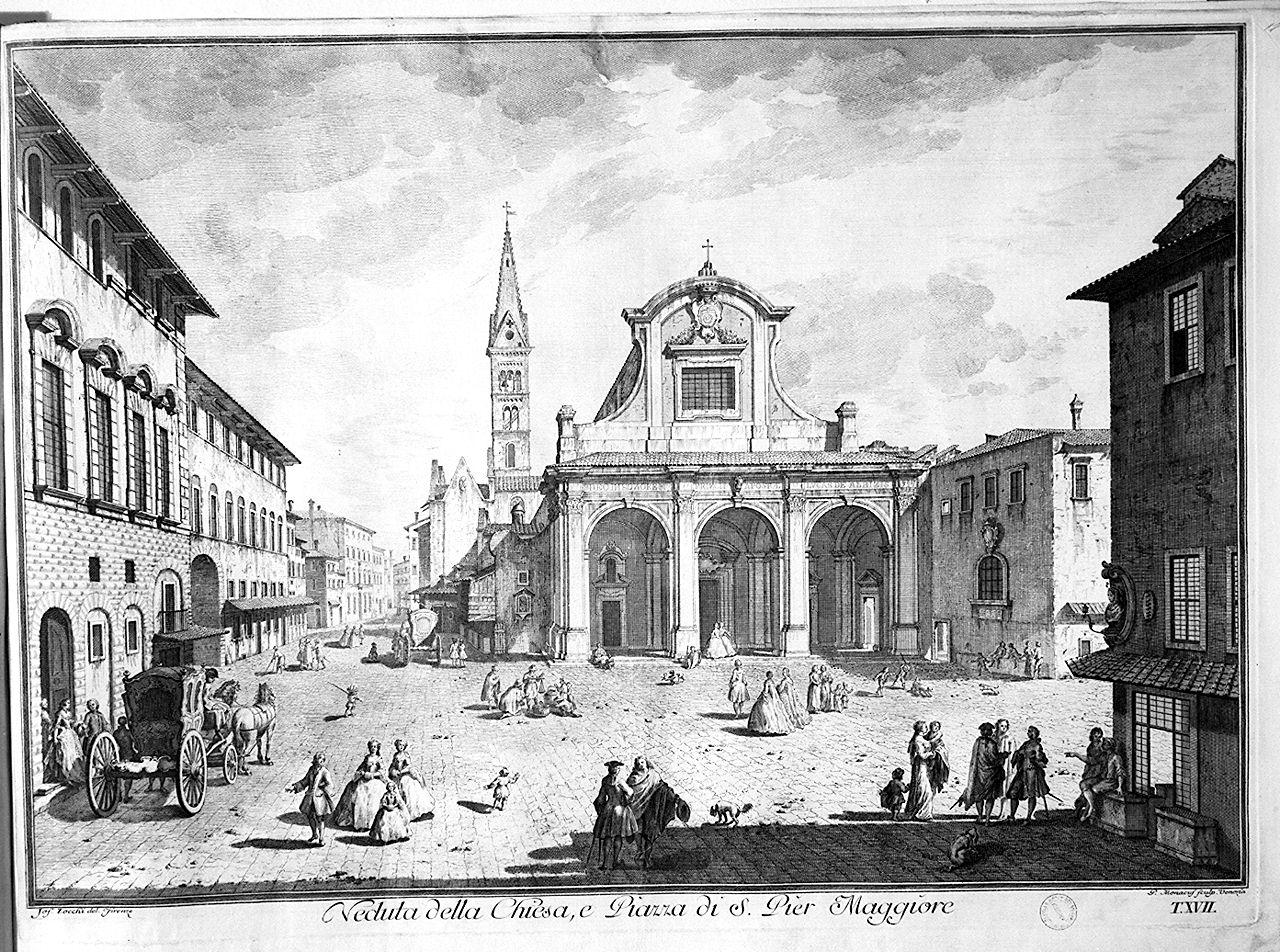 veduta della chiesa e della piazza di San Pier Maggiore a Firenze (stampa) di Monaco Pietro, Zocchi Giuseppe (sec. XVIII)