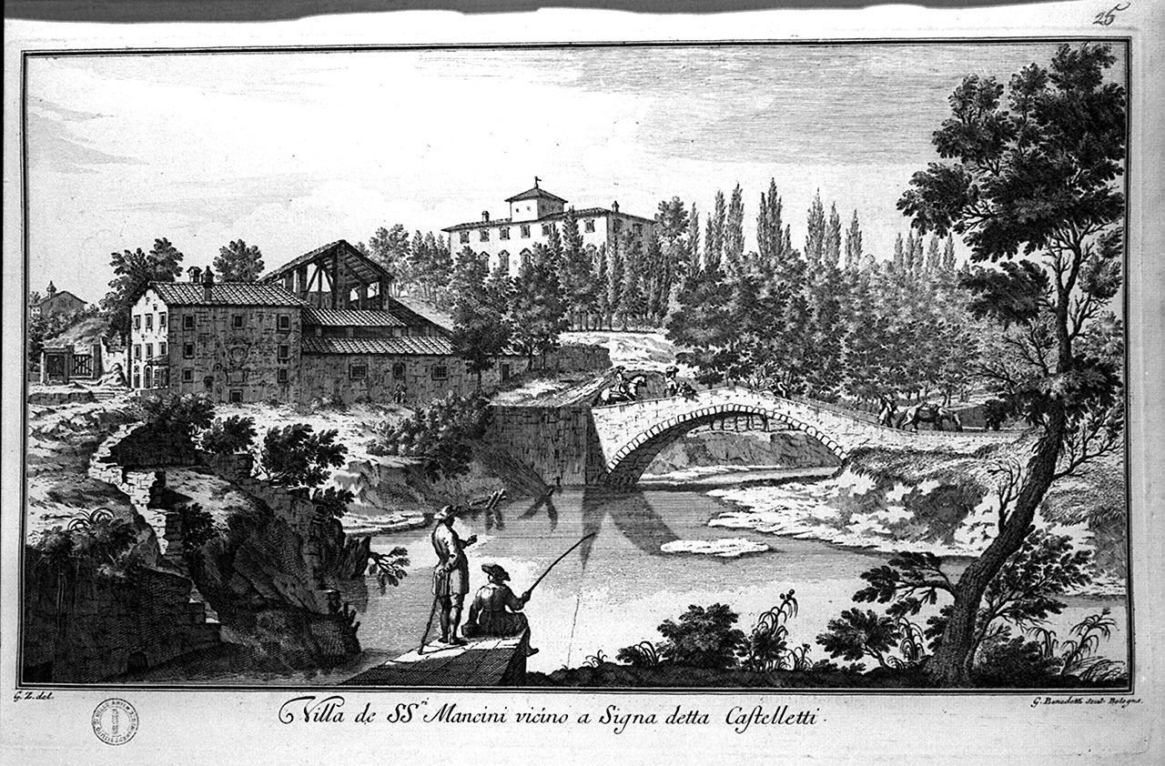 veduta dell'Arno e di villa Castelletti a Signa (stampa) di Benedetti Giuseppe, Zocchi Giuseppe (sec. XVIII)