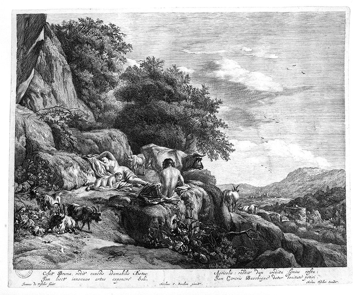 paesaggio (stampa smarginata) di De Visscher Jan, Berchem Nicolaes (seconda metà sec. XVII)