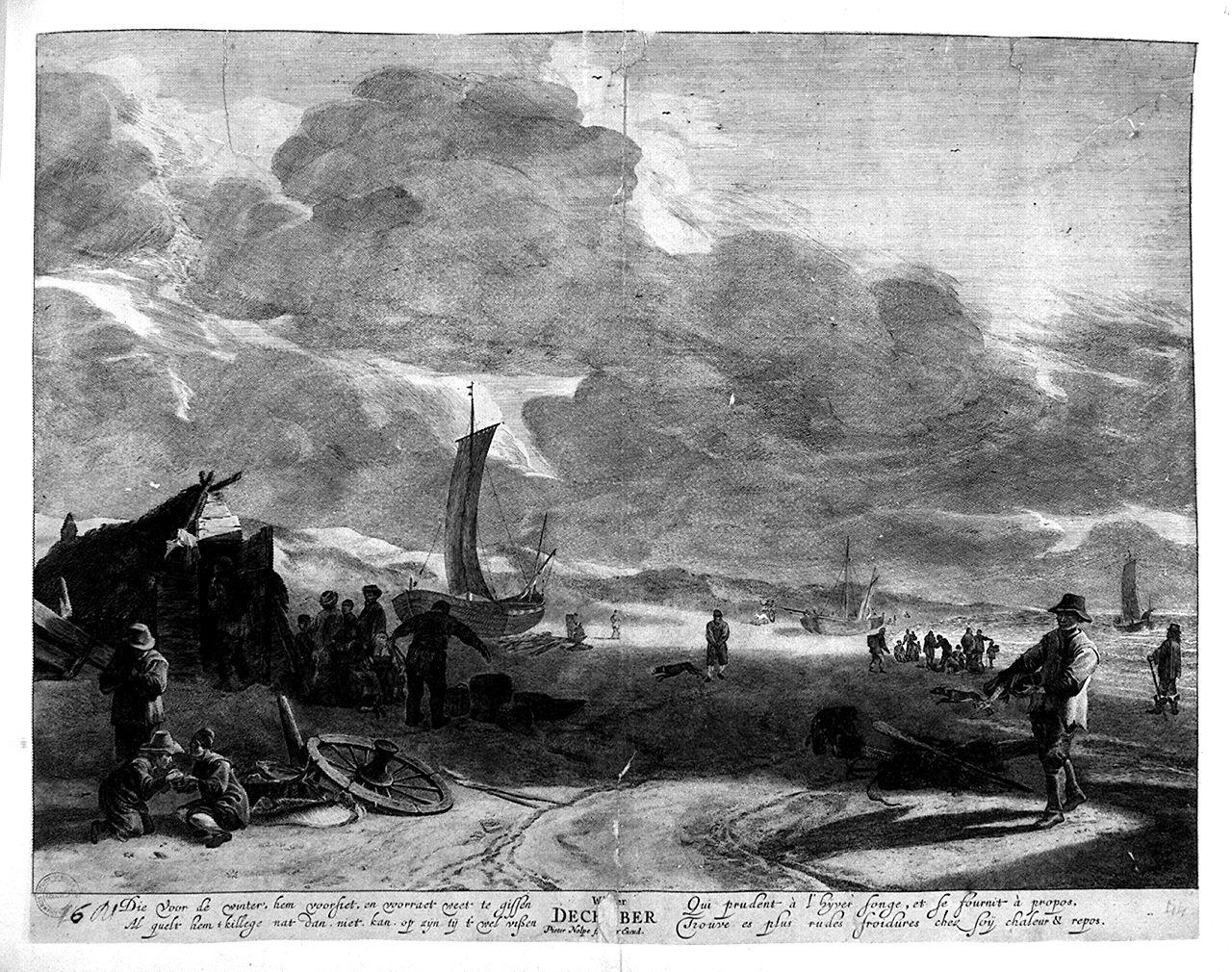 marina con pescatori e barche (stampa smarginata) di Nolpe Pieter (prima metà sec. XVII)
