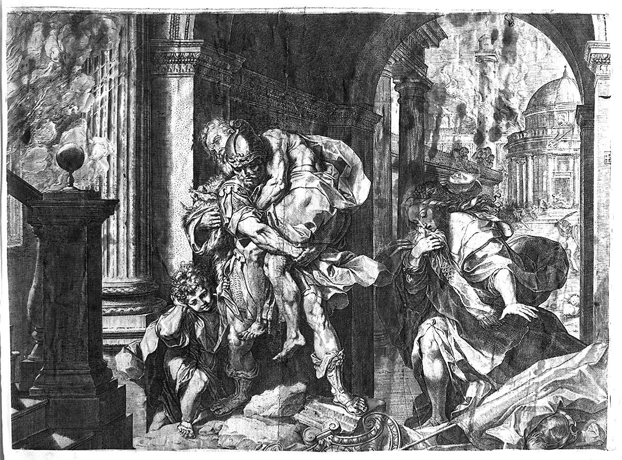 Enea e Anchise fuggono da Troia in fiamme (stampa smarginata) di Carracci Agostino, Barocci Federico (sec. XVI)