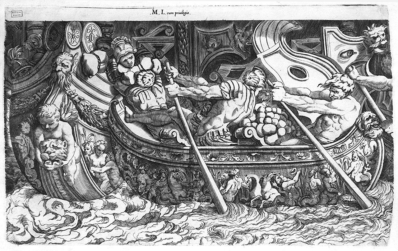 battaglia navale (stampa, serie) di Greco Michele detto Lucchese, Polidoro da Caravaggio (sec. XVI)