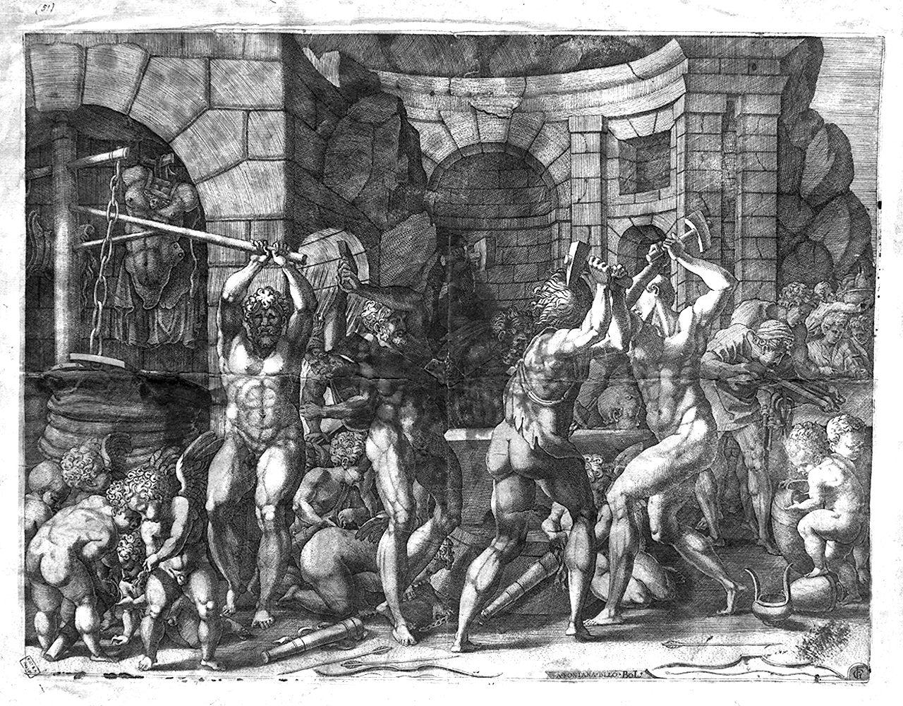 Vulcano nella fucina (stampa smarginata) di Monogrammista F. G, Primaticcio Francesco detto Bologna (sec. XVI)
