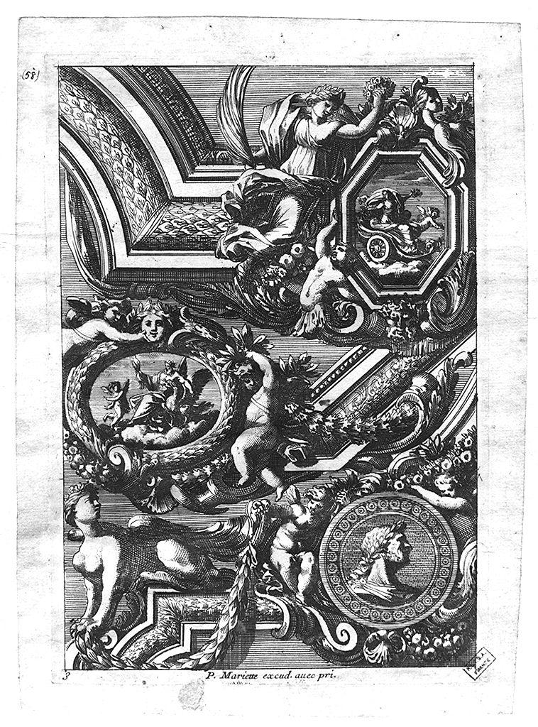 motivi decorativi vegetali con figure alate (stampa) - ambito francese (sec. XVII)
