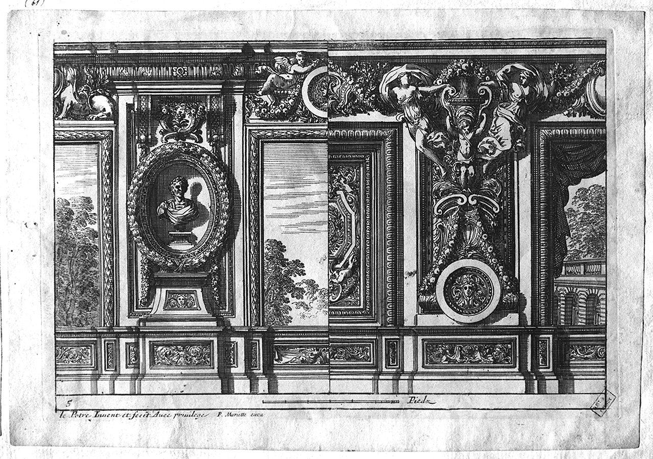 finte nicchie con busti di uomini illustri e motivi architettonici (stampa) di Le Pautre Jean (sec. XVII)