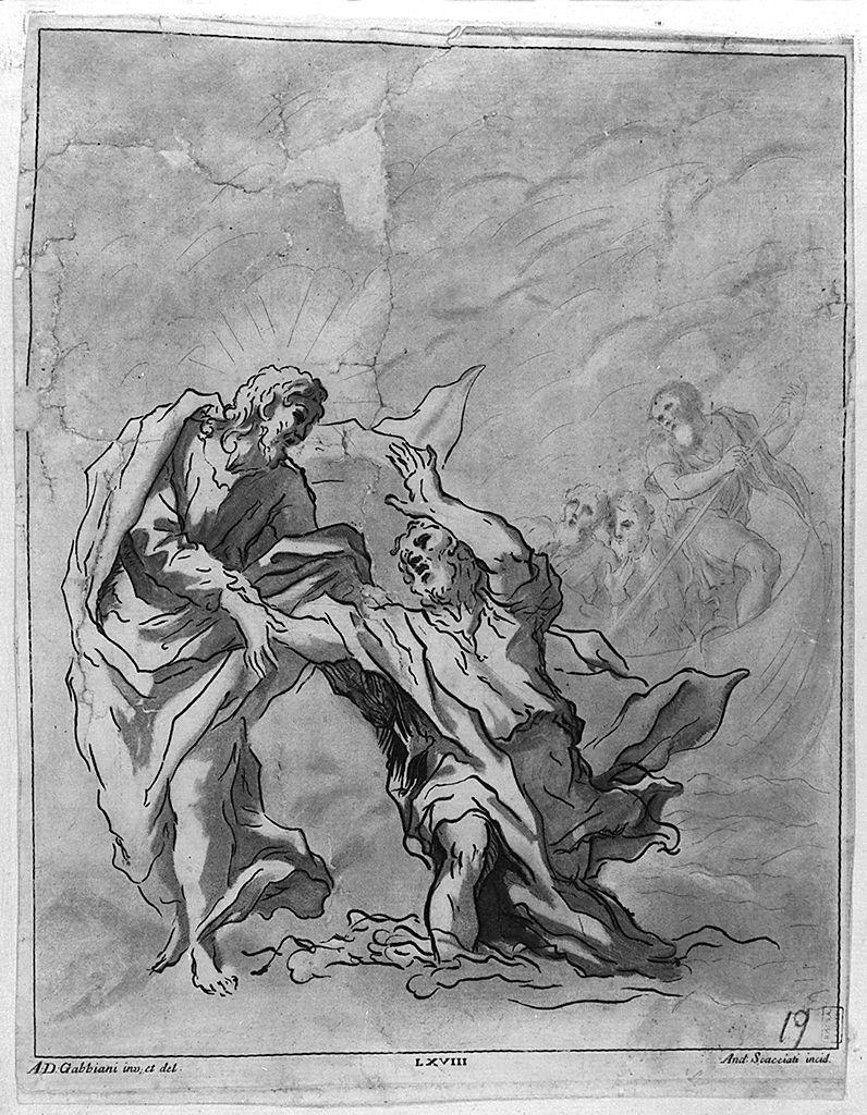 Cristo cammina sulle acque del lago di Tiberiade (stampa smarginata) di Scacciati Andrea, Gabbiani Anton Domenico (sec. XVIII)