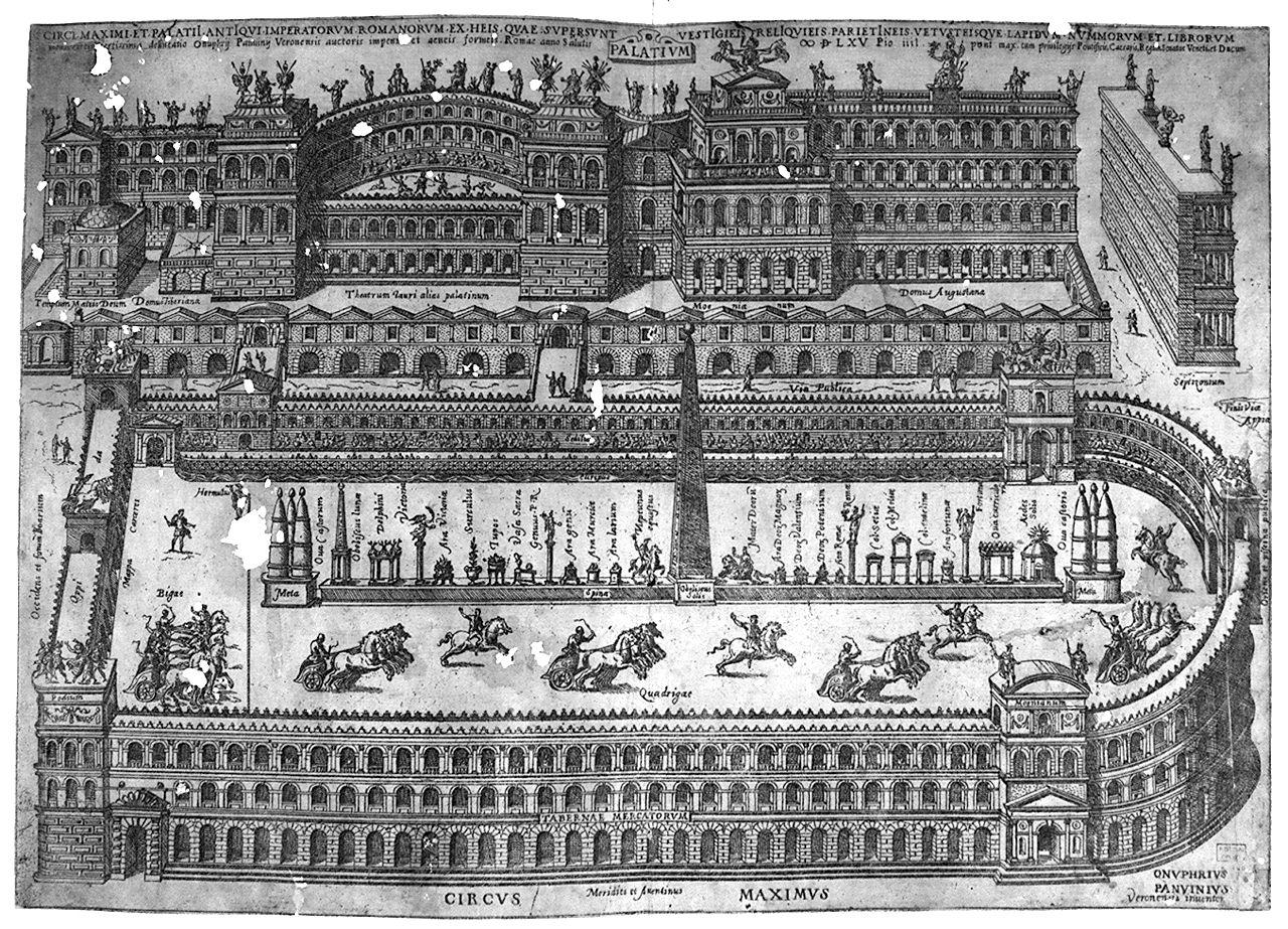 veduta di circo Massimo e palazzi dei Cesari a Roma (stampa smarginata) di Panvinio Onofrio, Caliari Paolo detto Paolo Veronese (sec. XVI)