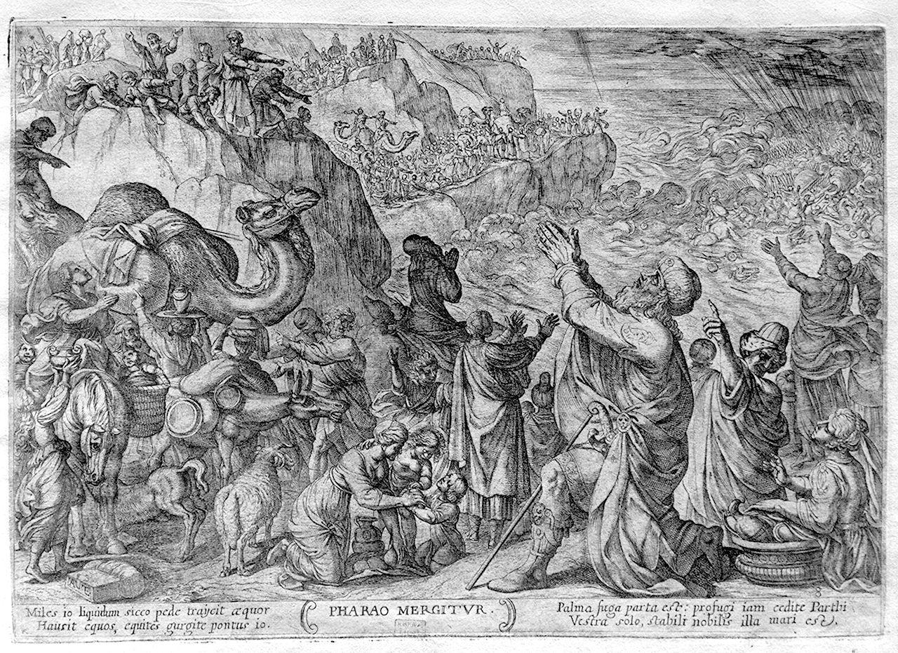 esercito egiziano sommerso dal Mar Rosso (stampa) di Tempesta Antonio (sec. XVII)