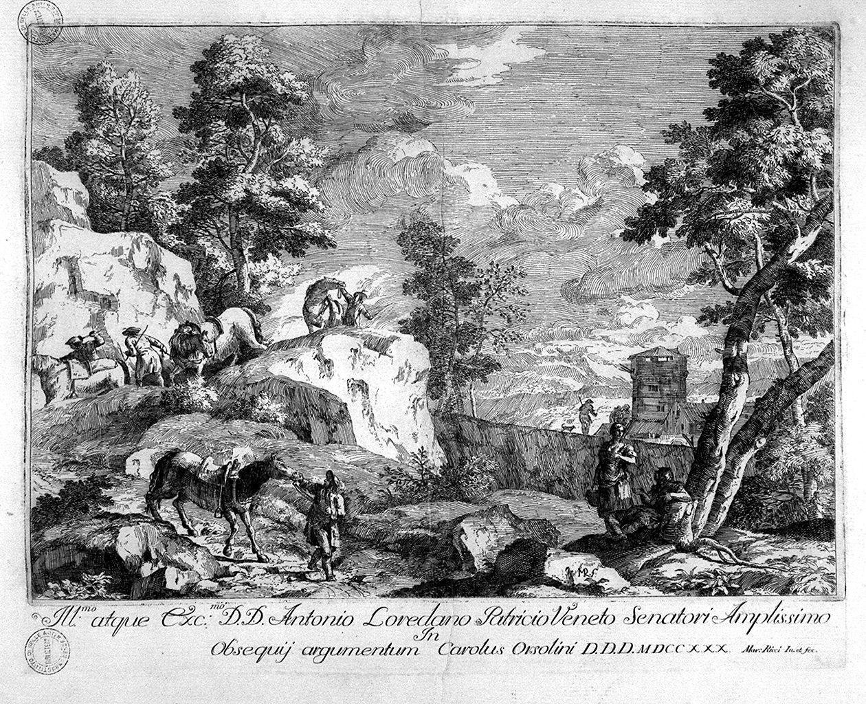 paesaggio con animali (stampa) di Ricci Marco (sec. XVIII)