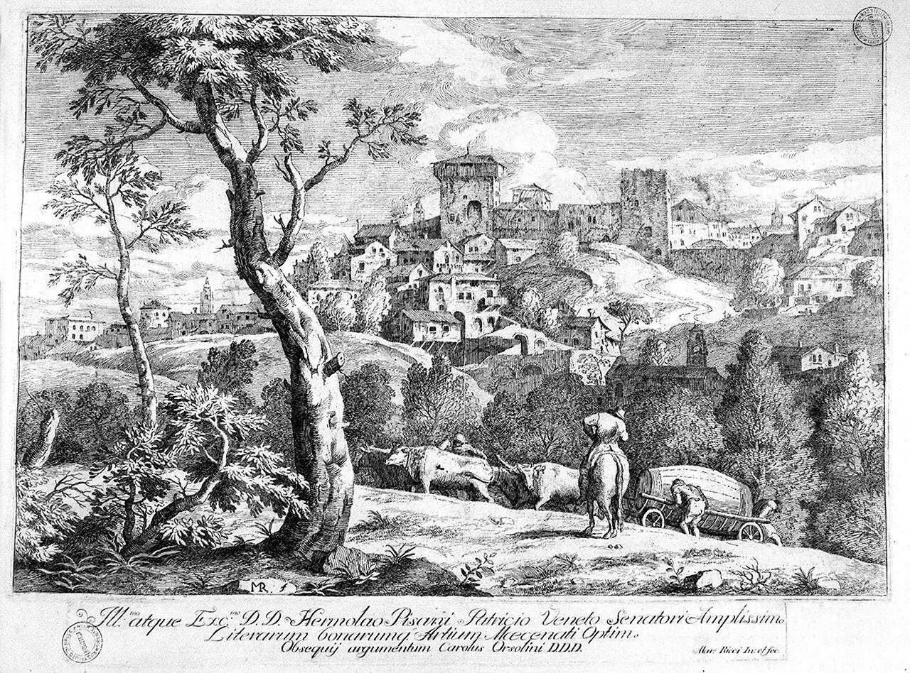 paesaggio con contadini (stampa) di Ricci Marco (sec. XVIII)