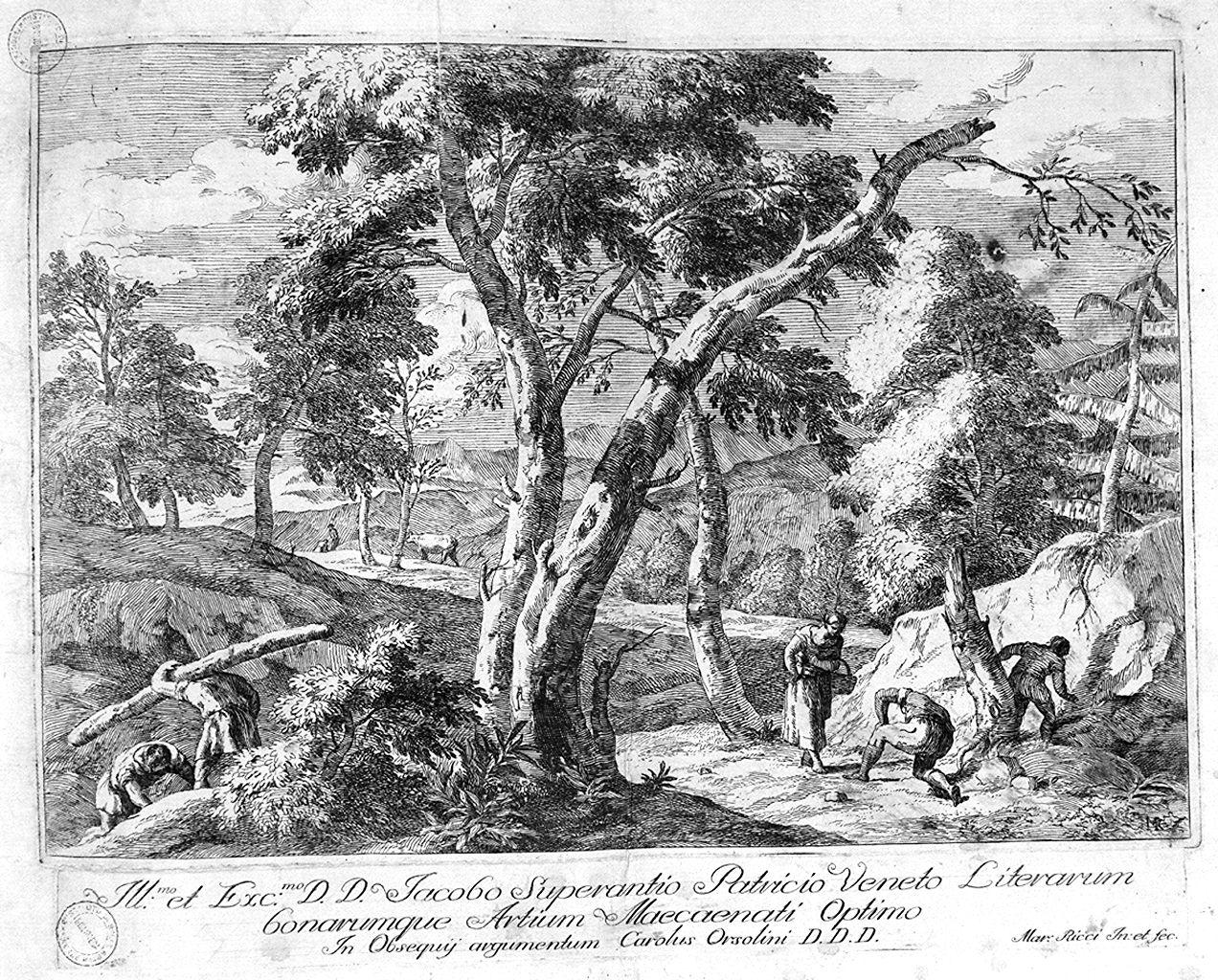 paesaggio con contadini (stampa) di Ricci Marco (sec. XVIII)