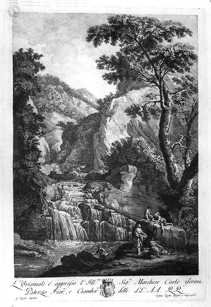 paesaggio con cascata (stampa) di Zocchi Cosimo, Zocchi Giuseppe (sec. XVIII)